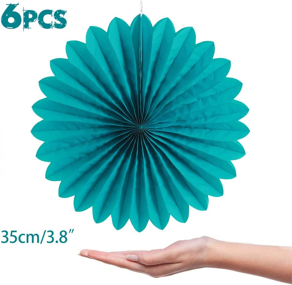 Easy Joy Teal Party Decorations Paper Fans Birthday Wedding Home Party Hanging Decoration, Set of 6 (14 Inches, Teal)