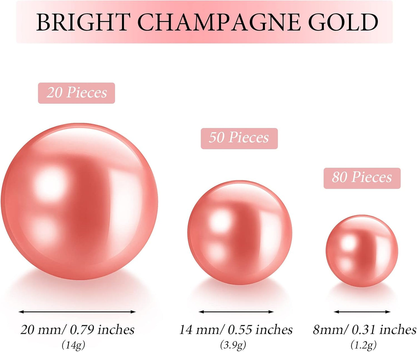 150 Pieces Vase Filler Faux Pearls Vase Makeup Beads No Hole Gloss Bead Mixed Sizes Round Pearl for Home Party Wedding Decor, 8/14/20 mm(Rose Gold)