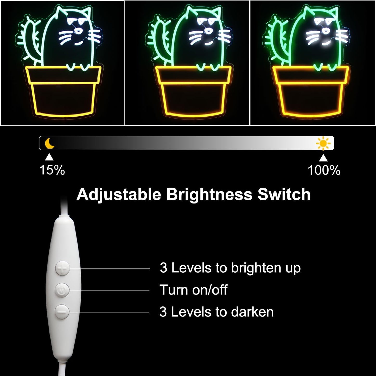 Cactus Cat Neon Sign Funny Animal LED Signs for Wall Novel Potted Plant Neon Light Dimmable Cartoon Neon Lights Signs for Bedroom Man Cave Porch Party Decor USB Powered