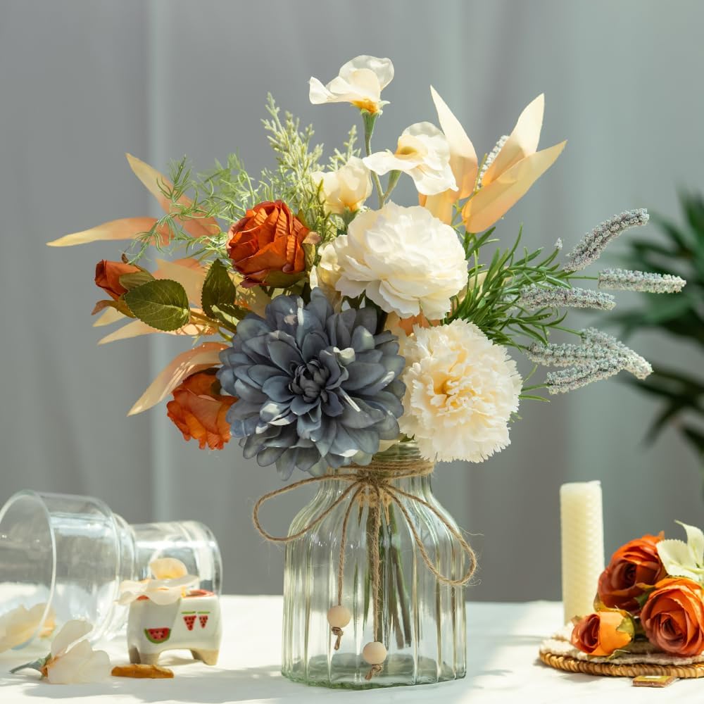 LESING Dahlia Flower Aritificial Flower with Vase Fake Silk Flowers in Glass Vase Faux Rose Flowers Arrangement for Home Office Table Centerpiece Decoration (Blue)