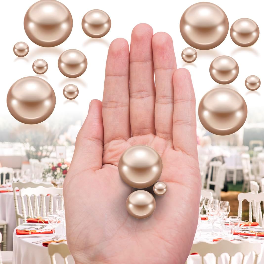 150Pcs Champagne Polished No Hole Faux Pearl Beads for Vase Filling Decorations, Plastic Pearls Vase Fillers, Table Scatters, Wedding Centerpiece, Home Decor, 8/14/20 mm