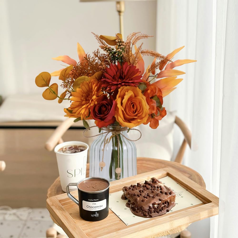 LSEING Fall Flowers Artificial with Vase for Centerpiece,Fake Silk Orange Rose Flower Arrangement in Glass Vase for Home Office Table Decoration (Orange)