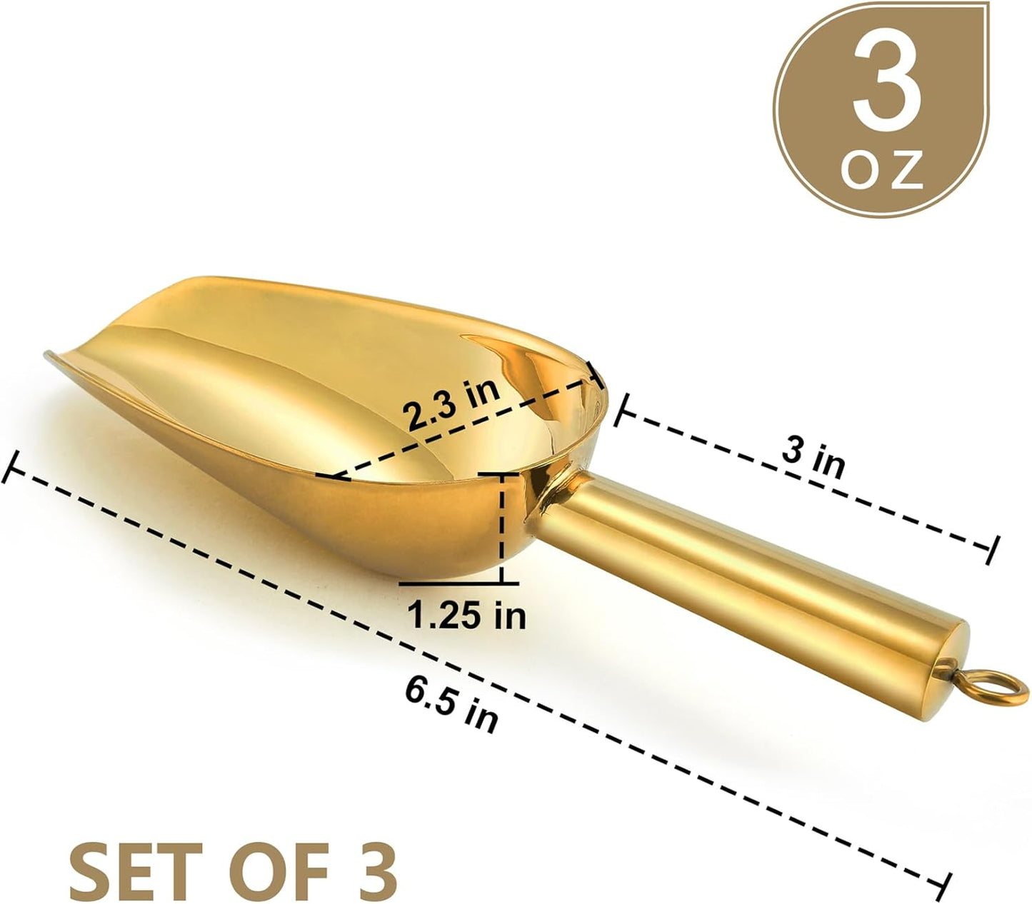 P&P CHEF Canister Scoop Set of 3, Ice Candy Scoop, Stainless Steel Multipurpose Food Scooper for Buffet Jar Freezer, Mirror Finish & Dishwasher Safe, Gold, 3+3+3 Oz