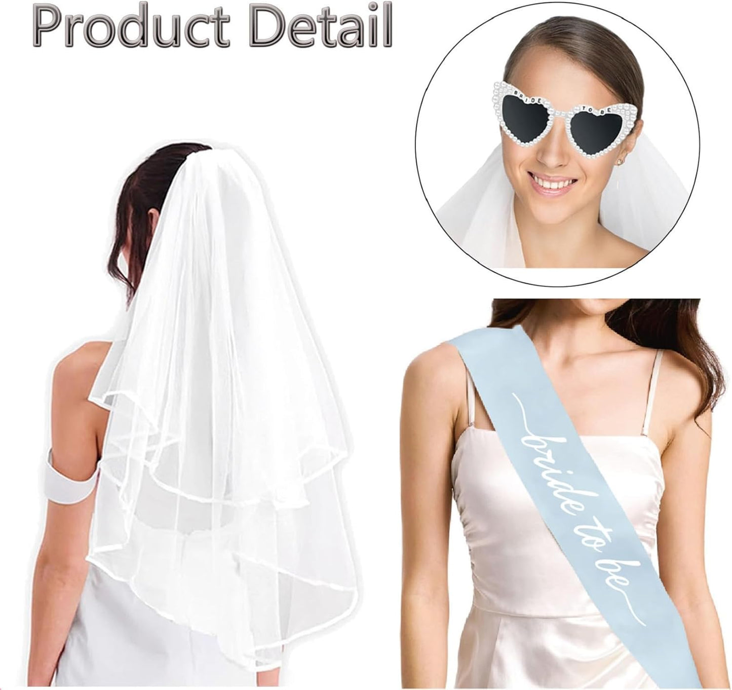 3PCS Blue Bride To Be Sash and Veils Bride to Be Heart Pearl Sunglasses for Bachelorette Bridal Shower Engagement Party Favors Accessories