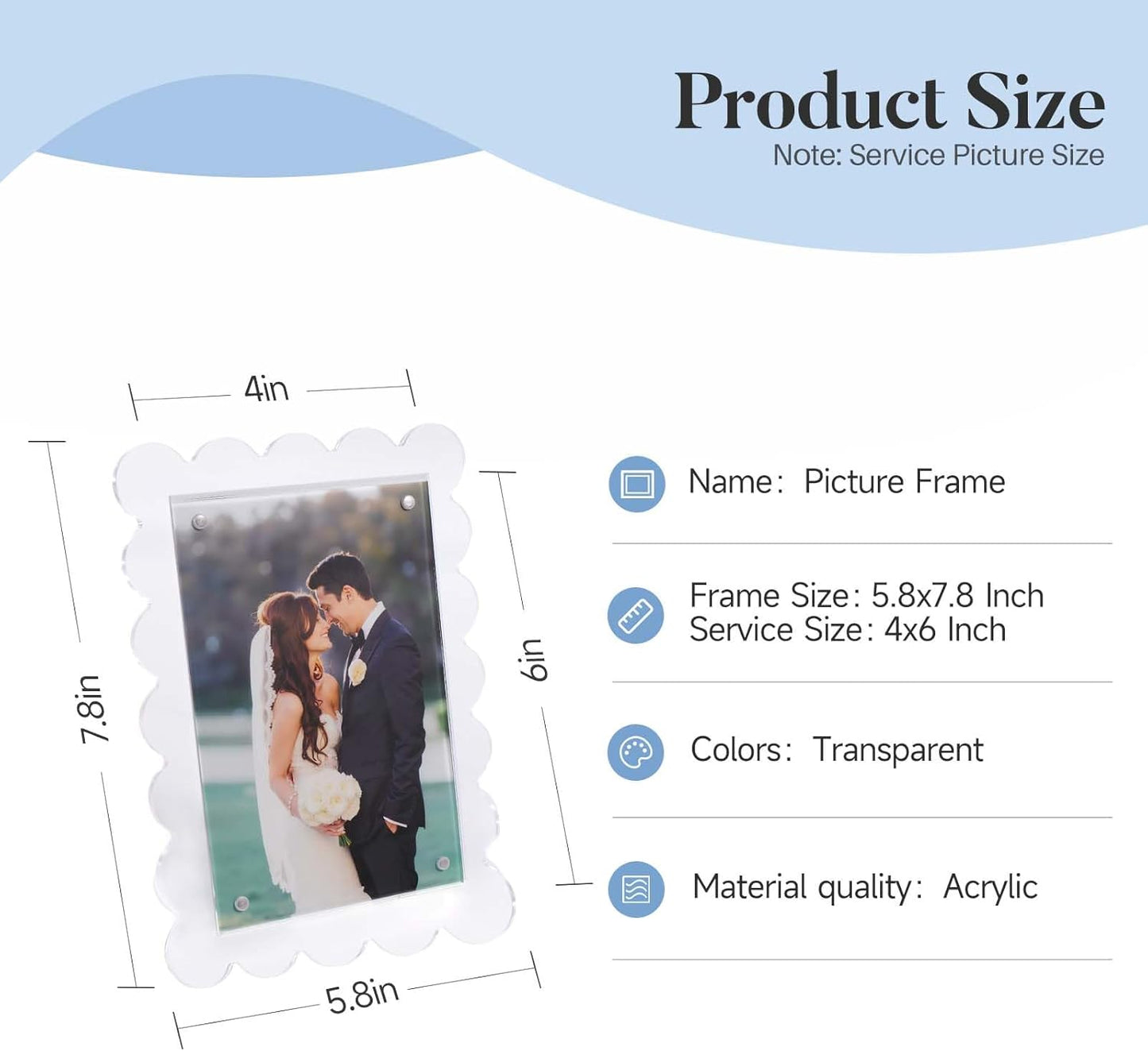 Cuspin 2 Pack 4x6 Acrylic Frame, Scalloped Picture Frame Clear Magnetic Acrylic Photo Frames with Dual Kickstand Holes for Vertical and Horizontal Display