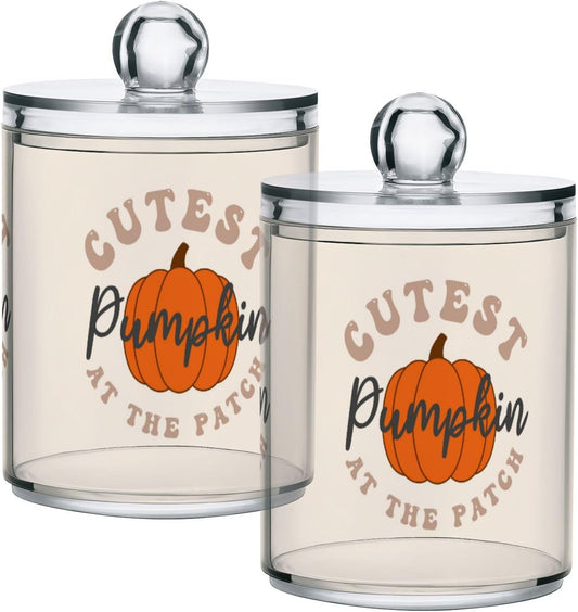 Gredecor 2 Pack Apothecary Jars with Lid Cutest Pumpkin Qtip Holder Dispenser Storage Containers Clear Plastic Cute Rustic Fall Autumn Thanksgiving Theme Canisters for Bathroom Vanity Organization