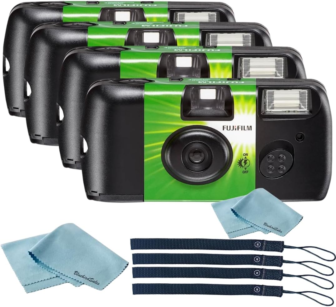 Fujifilm QuickSnap Flash 400 Disposable 35mm Camera • 4 Pack • 4 Hand Straps • 2 BluebirdSales Microfiber Cloth, Green, 7033661