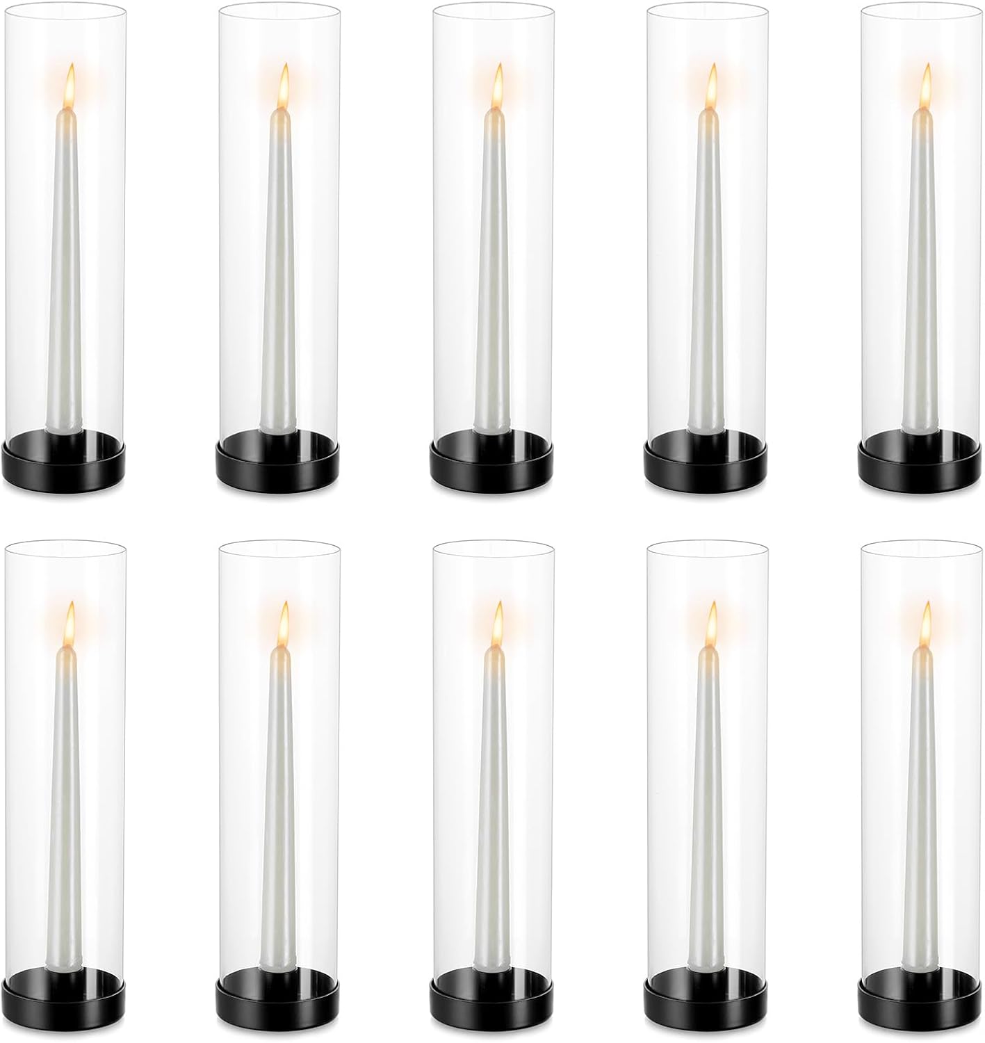 NUPTIO Black Taper Candle Holders: 10 Pcs Bulk 11.81 inch Tall Hurricane Glass Candlestick Tapered Holder Windproof Modern Clear Candles Stand for Outdoor & Indoor Wedding Party Holiday Centerpiece
