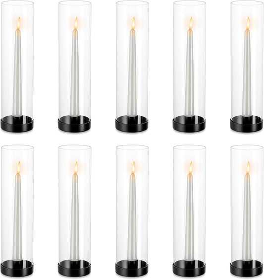 NUPTIO Black Taper Candle Holders: 10 Pcs Bulk 11.81 inch Tall Hurricane Glass Candlestick Tapered Holder Windproof Modern Clear Candles Stand for Outdoor & Indoor Wedding Party Holiday Centerpiece