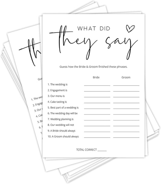 Bridal Shower Games, What Did They Say, 25Pcs Minimalist White Double-Sided Bridal Game Cards, Wedding Shower Games for Guests, Engagement Bachelorette Party Supplies - A24