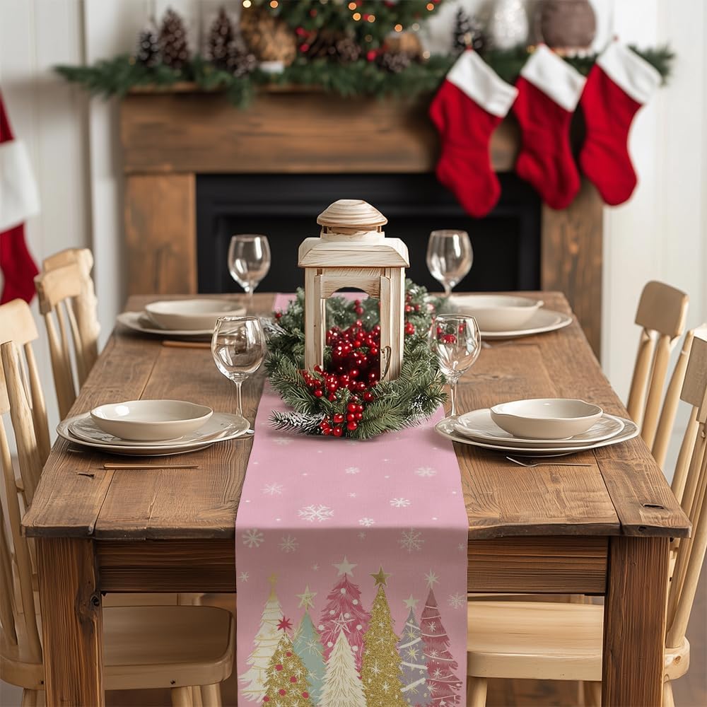 GEEORY Christmas Table Runner 13x72 Inch, Xmas Trees Snowflakes Holiday Decorative Farmhouse Table Decoration for Kitchen Dinning, Indoor Outdoor Dinner Party Decor (Pink) GT153-72