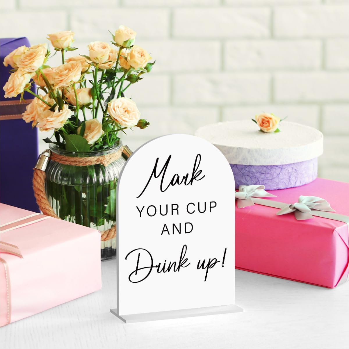 Acrylic Wedding Sign Wedding Signs for Ceremony Mark Your Cup and Drink Sign for Wedding, Modern Calligraphy Arch Acrylic Table Top Sign for Wedding Reception and Event Party Table(white）