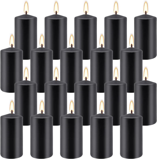 Set of 20 | 2-Inch Wide x 4-Inch Tall Black Pillar Candles - Elegant Décor for Home, Events, and Celebrations - Deep Black Finish