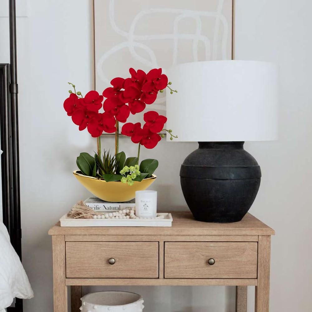 Briful Orchid Artificial Flowers 17in Red Fake Orchid Silk Flowers in Gold Ceramic Vase Faux Phalaenopsis Arrangement for Home Office Room Dining Table Centerpiece Modern Decor