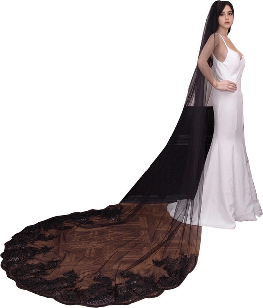 Bridal Veil long Cathedral Length Lace Sequins Edge 1 Tier Wedding Veil with Metal Comb for Brides