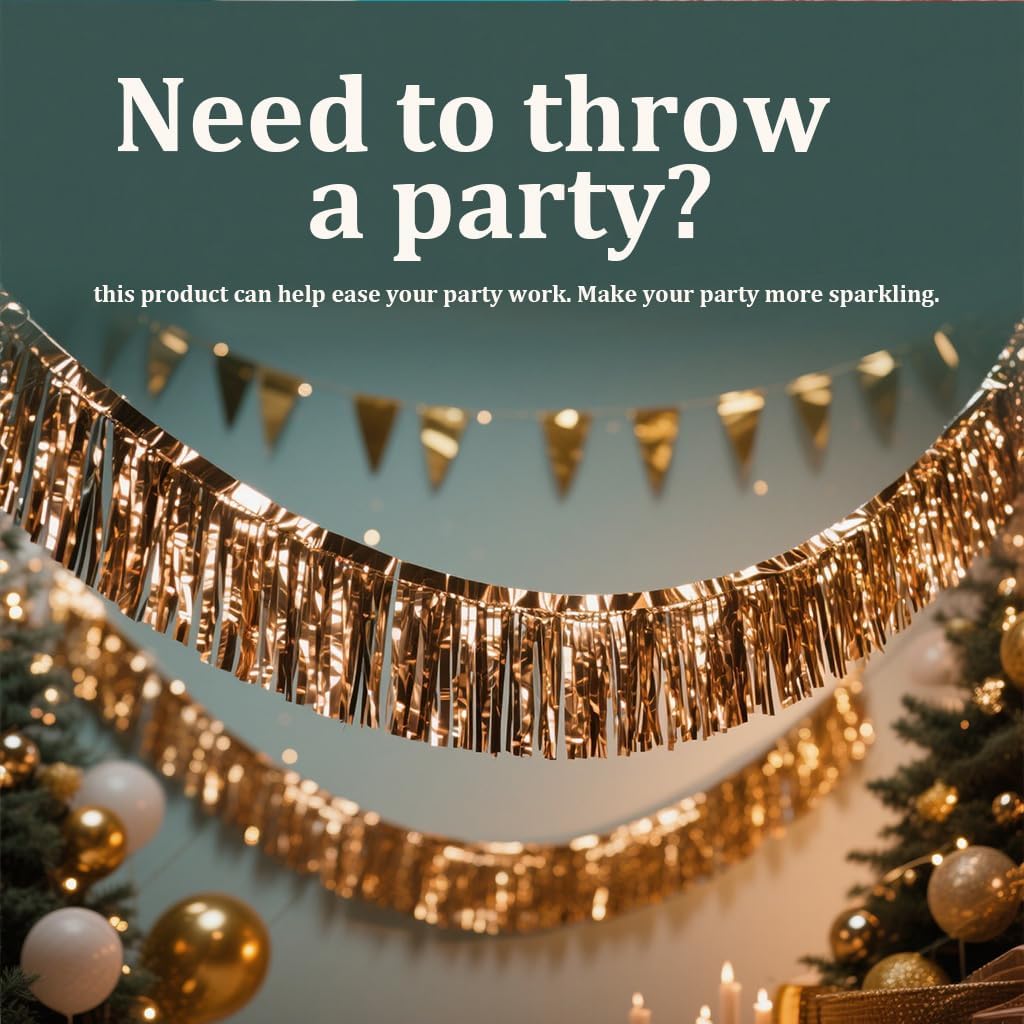 6 Pack Gold Total 60 Feet Foil Fringe Garland Metallic Tinsel Banner Wall Hanging Drapes Parade Float Skirting Decorations for Trailer Mardi Gras Party Birthday Wedding (Gold)