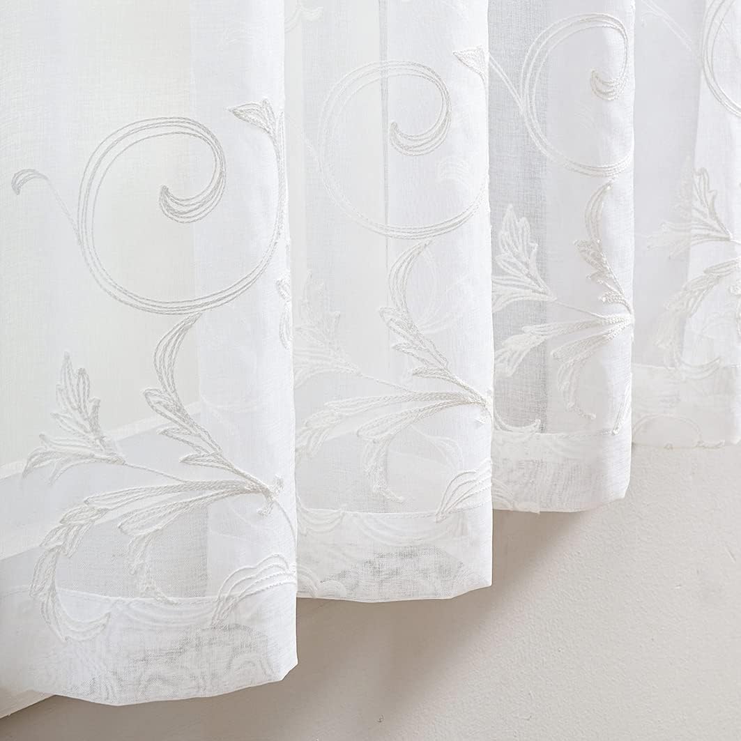 Sheer Curtains White 63 Inch Embroidered Floral, Rod Pocket Voile Drapes for Living room, Bedroom, Vintage Embroidered Semi Crinkle Curtain Panels for Yard, Patio, Villa, Parlor, Set of 2, 52"x 63".