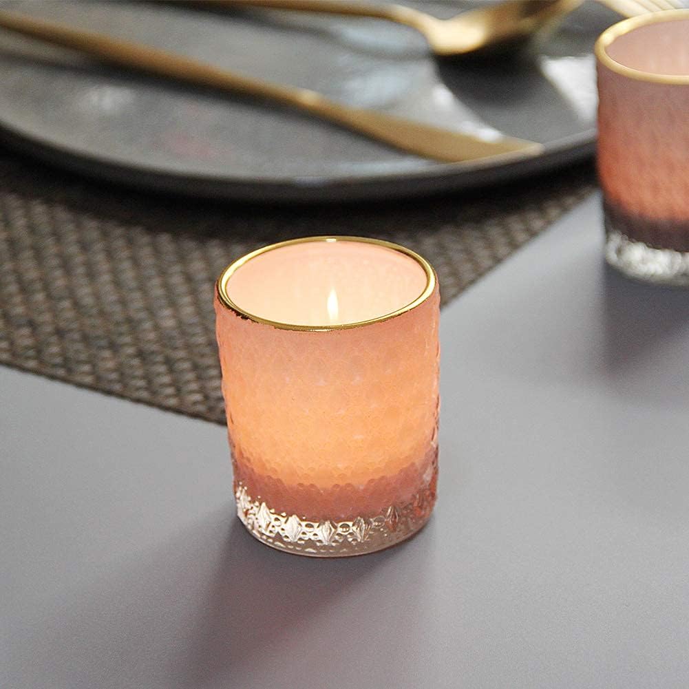 SHMILMH Pink Votive Candle Holders Set of 12, Vintage Glass Tealight Candle Holder with Gold Rim, Votives for Valentines Table Centerpiece, Wedding Decoration