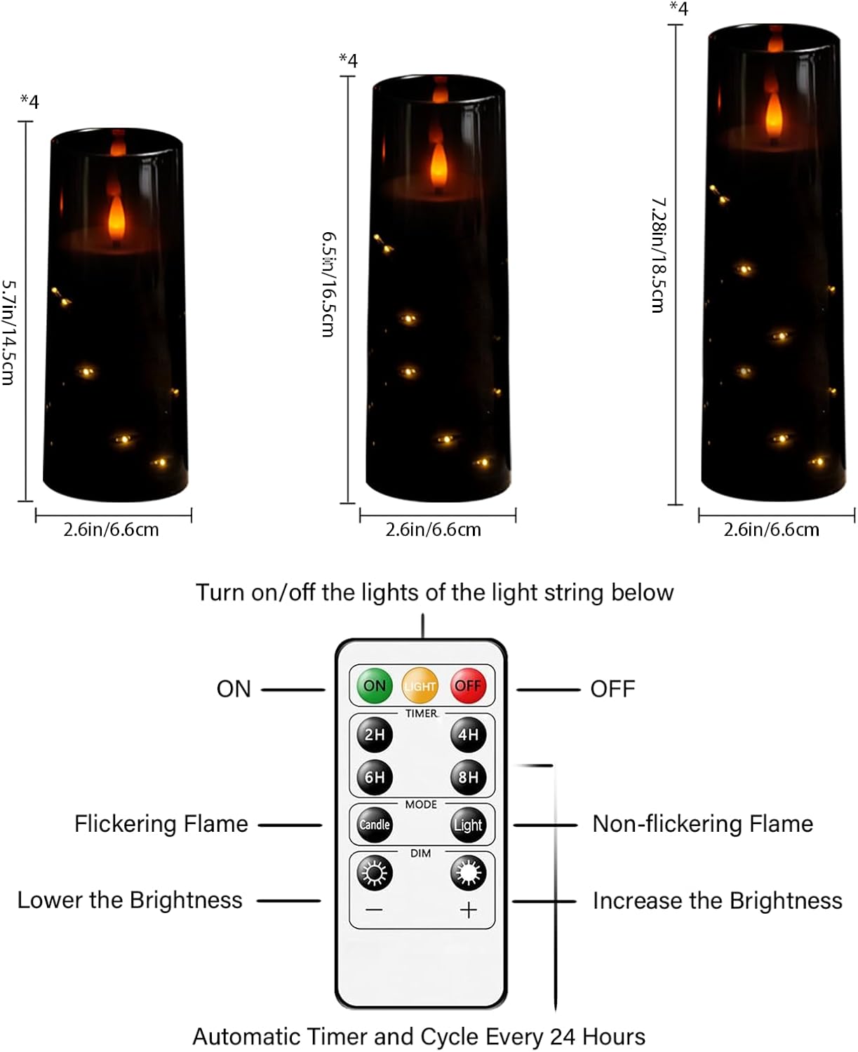 Flameless Candles with Embedded Star String - Battery Operated LED Candles, with Remote,12 Black Flickering Candles for Christmas, Weddings, Home Decor & Party,(D 2.3"×H 5" 6" 7")