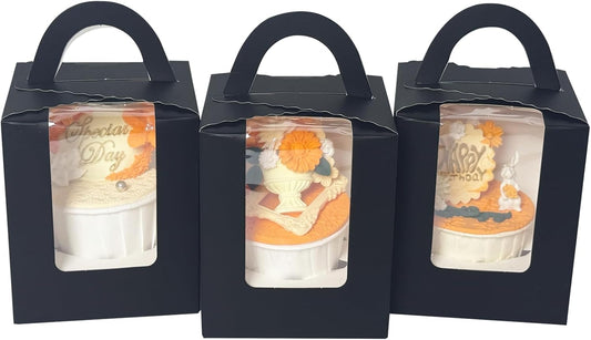 Bakepacker Auto-pop up Individual Cupcake Boxes with Window 25 Count Black Single Cupcakes Box 3.6 x 3.6 x 4.3inch Cupcake Carrier