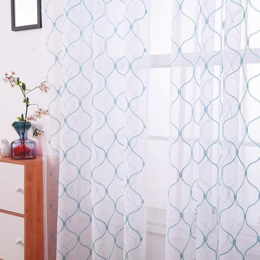 Embroidery Sheer Curtains Blue 84 Inches, Rod Pocket Voile Drapes for Living room, Bedroom, Window Treatments Wave Diamond Semi Crinkle Curtain Panels for Yard, Patio, Villa, Set of 2, 52"x 84".