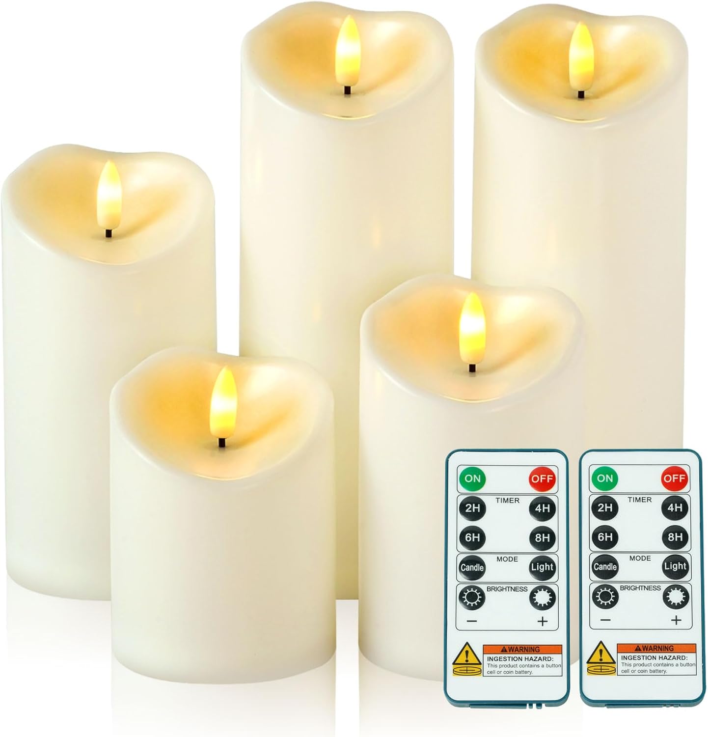 Amagic Waterproof Outdoor Flameless Candles with Remote, LED Candles Battery Operated with Timer, Flickering Fake Pillar Candle for Outside Patio Yard Decor, Ivory, Set of 5, D3 X H4 5" 6" 8" 8"