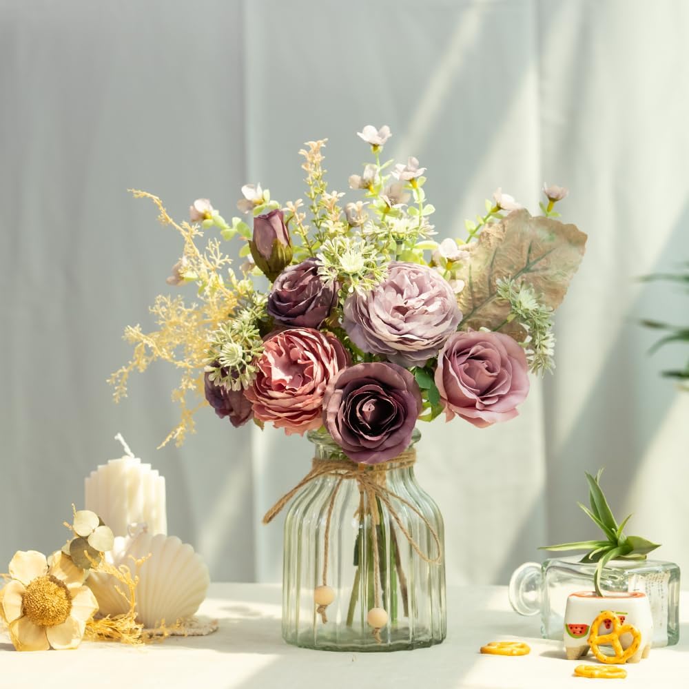LESING Fake Artificial Flowers with Vase Faux Silk Flower Bouquet in Glass Vase Rose Floral Arrangements Flower for Home Office Decoration, Dining Table Centerpiece (Purple)