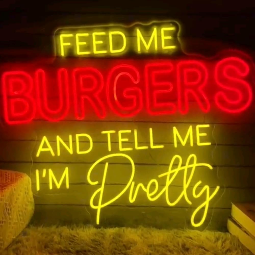 Feed Me Burger And Tell Me I'm Pretty Neon Sign Custom Hamburger Food LED Neon Light Home Wall Decor Coffee Shop Restaurant Decoration Size:20x16.5inch…