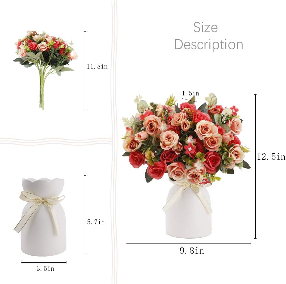 LESING Artificial Silk Rose with Vase Fake Flowers Wedding Flowers Bouquets Arrangement Home Office Party Centerpiece Table Decoration (Red)