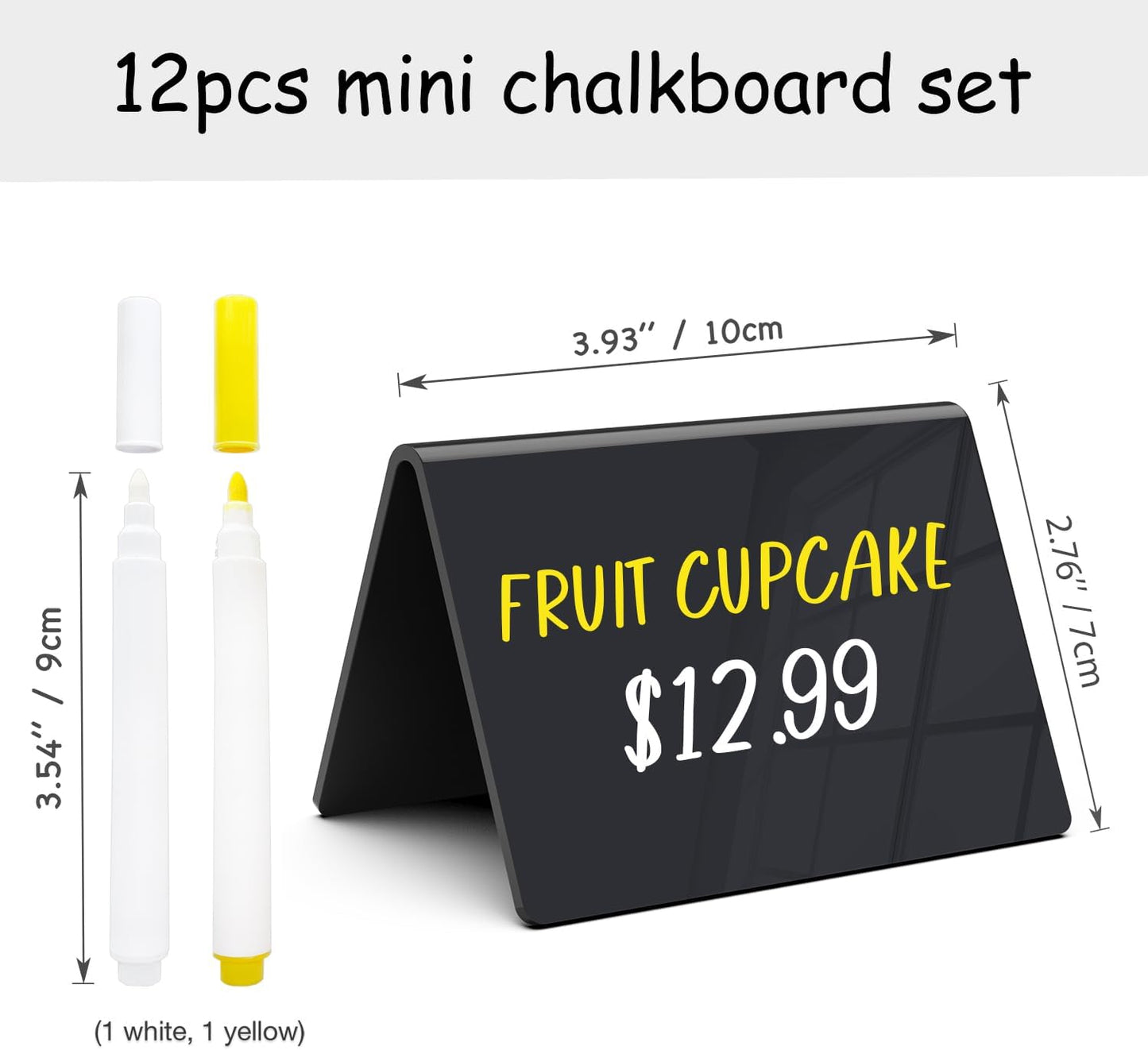 PigPotParty Acrylic Mini Chalkboard Signs for Food, 12 Pcs 4"x3" Small Food Labels for Party Buffet, Glossy Black Table Place Cards for Wedding, Elegant Event Decorations, w/ 2 Wet Erase Markers