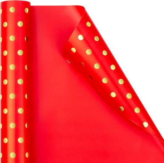 Flyhill Gold Foil Polka Dot Wrapping Paper Roll,Mini Roll Red Reversibl Gift Wrap for Birthday,Girls,Baby Shower,Wedding (17 Inch X 32.8 Feet)