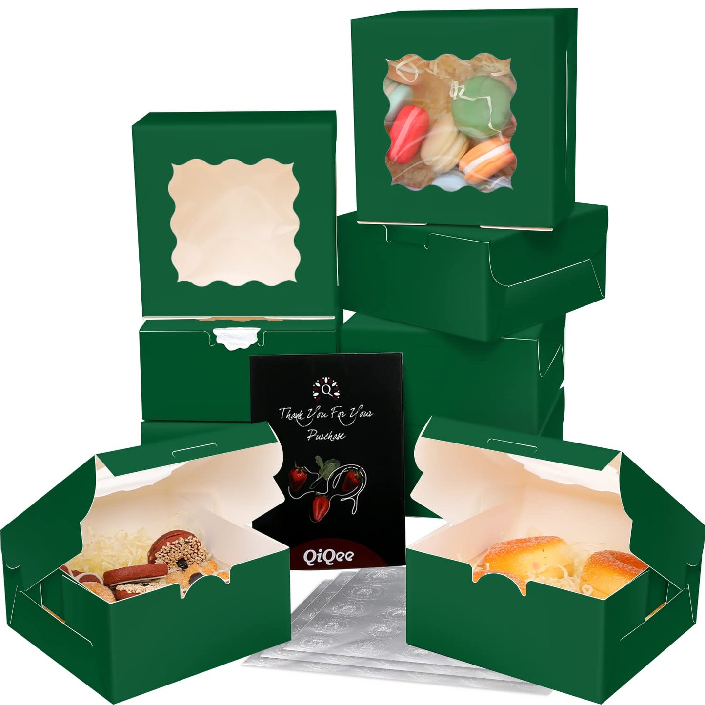 Bakepacker 60pcs Deep Green Bakery Boxes with Window 6x6x3 inches Thick & Sturdy Macaroon Pastry Boxes Cookie Boxes for Bakerys