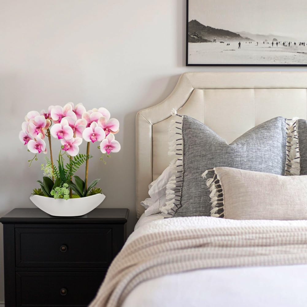 Briful Pink Orchid Artificial Flowers 18in Fake Orchid Silk Flowers with Ceramic Pot Faux Orchid Arrangement for Home Office Room Table Shelf Modern Decoration