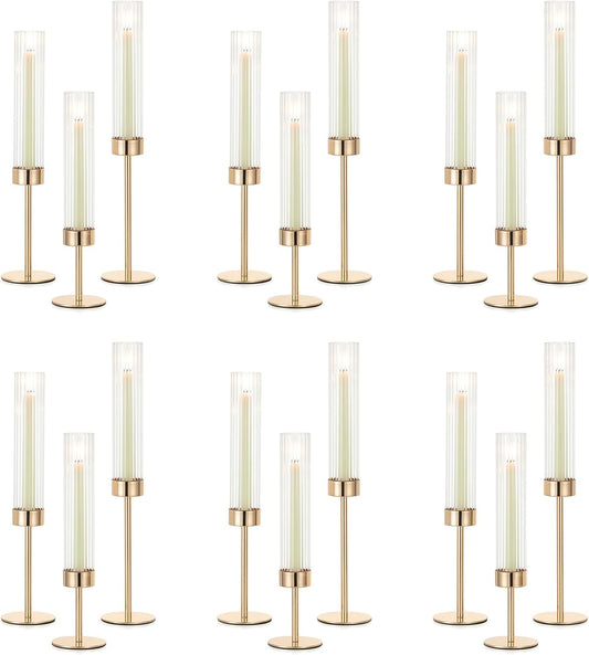 NUPTIO Hurricane Glass Candles Holder: 18 Pcs Gold Taper Candle Stick Holder Bulk - Modern Candlestick Decor with Tall Ribbed Chimney Sleeve for Thanksgiving Christmas Centerpiece