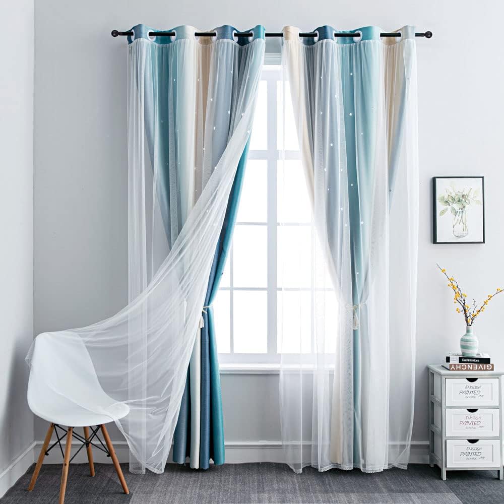 FANLI Ombre Rainbow Blackout Curtains for Kid Girls Bedroom Living Room Darking Stripe Double Layer Star Cut Out Wall Home Decor Gradient Grommet Window Curtains (Blue/Yellow, 52W x 84L)