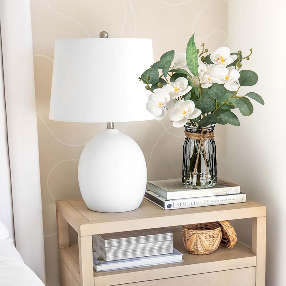 White Orchids Artificial Flowers with Vase Fake Flower in Vase Artificial Eucalyptus Stems in Glass Vases with Faux Water Faux Orchid with Eucalyptus Leaves Arrangement for Dining Table Centerpiece