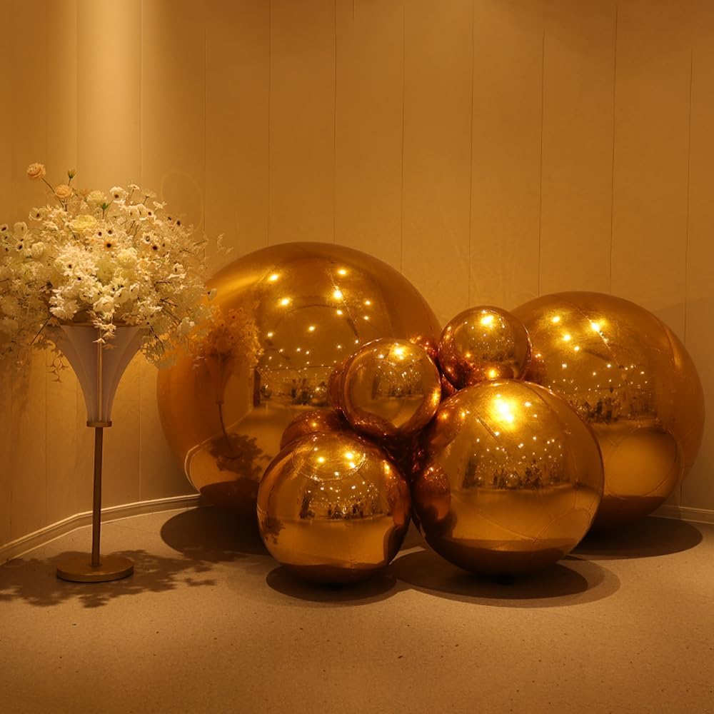 Inflatable Mirror Ball Set - Airtight PVC Spheres for Parties, Weddings, and Events. Perfect for Decoration, Hanging, and Displays. Includes Electric Pump (Gold, 24in-2pk_32in_39in_47in_71in)
