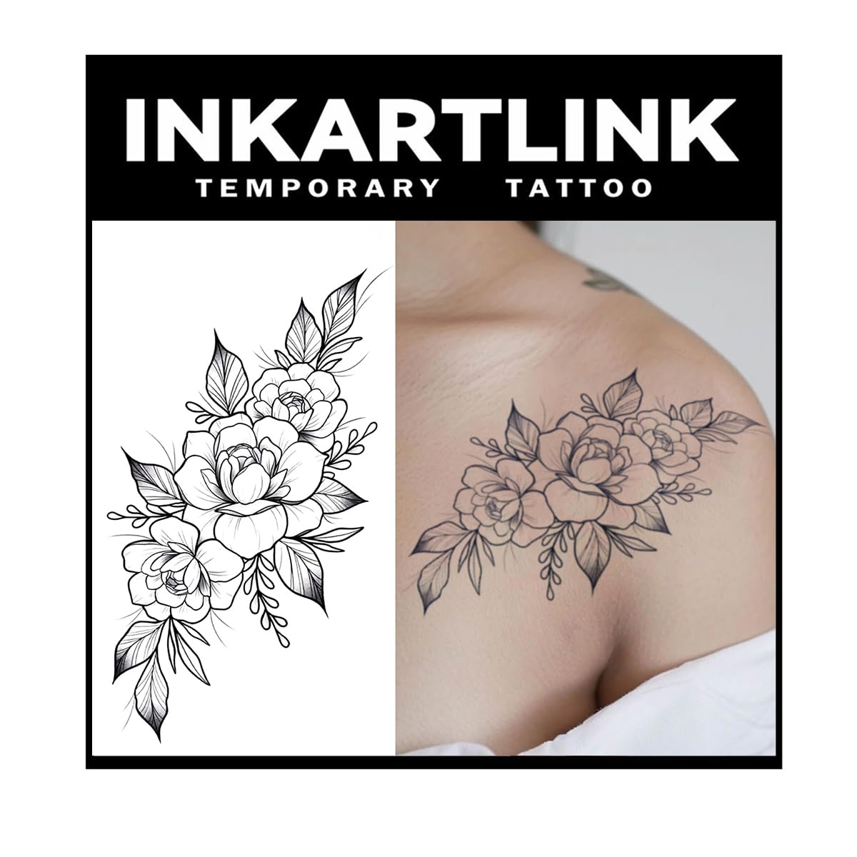 INKARTLINK Tattoo Tech, 2 Sheets Extra Large Semi Permanent Tattoo, Adult Art Design Temporary Tattoos, Lasts 1-2 Weeks, Waterproof, Realistic Look, No Adhesive, No Reflection (Flower)202