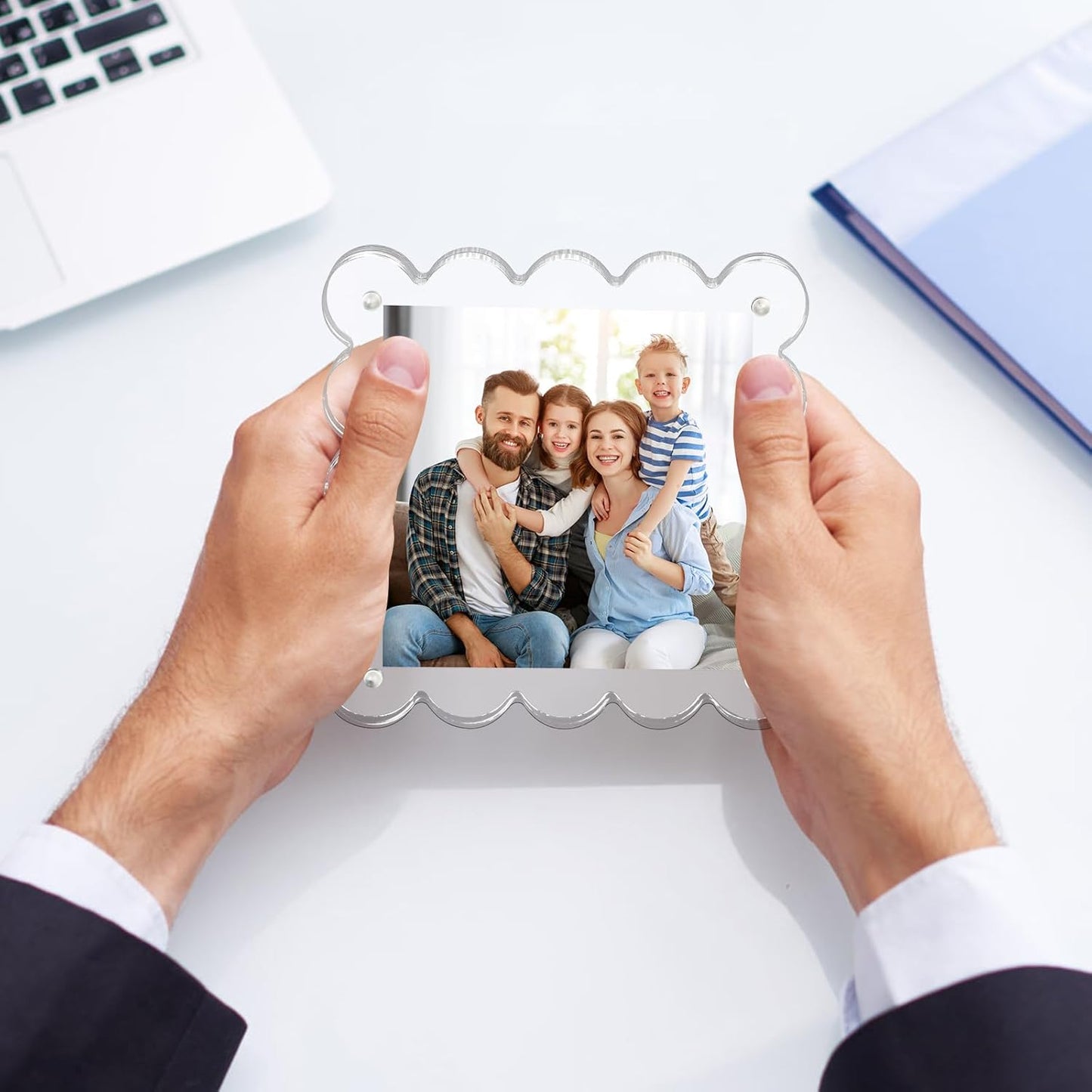 Clear Picture Frames 3Pack - Acrylic Magnetic Photo Frame 4×4 Inch, Double Sided Magnet Frames with Scalloped Edges, 10+10mm Thick Freestanding Gift for Office/Home(Clear, 4x4)