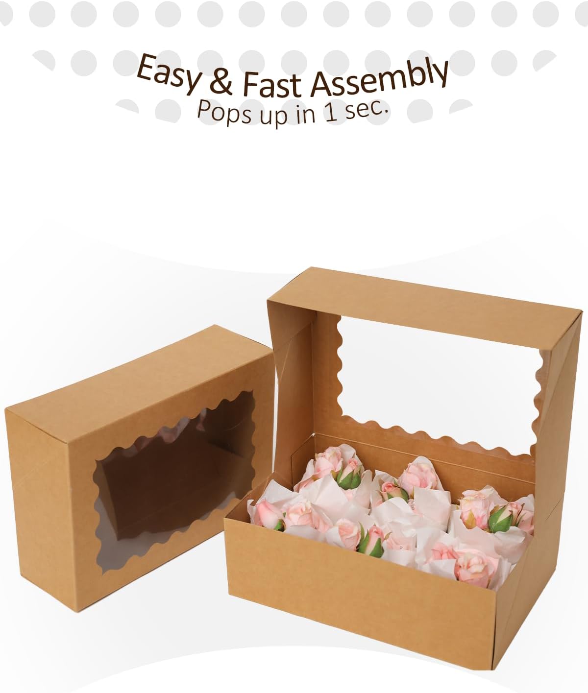 qiqee Brown 6 Cupcake Boxes with Window 30 Auto pop up Packs Cupcake Box 9"x6.1"x3.3" Bakery Boxes For Cupcakes Carrier, Cupcake Containers