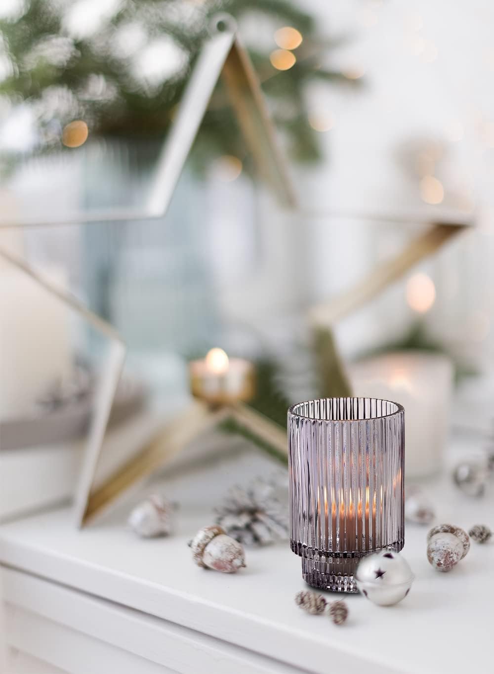 Serene Spaces Living Smoke Ribbed Glass Votive Holder, Perfect for Weddings and Home Décor, Measures 5" Tall and 3.25" Diameter