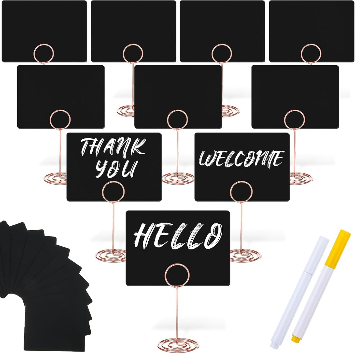 TecUnite 12 Pcs Mini Chalkboard Signs, 4"x3" Small Chalkboard Label with Metal Stand 2 Water Based Chalk for Food Buffet Tabletop Blackboard Sign for Party Bakery(Rose Gold,8.7 x 2.8 in)