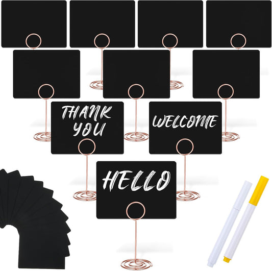 TecUnite 12 Pcs Mini Chalkboard Signs, 4"x3" Small Chalkboard Label with Metal Stand 2 Water Based Chalk for Food Buffet Tabletop Blackboard Sign for Party Bakery(Rose Gold,8.7 x 2.8 in)