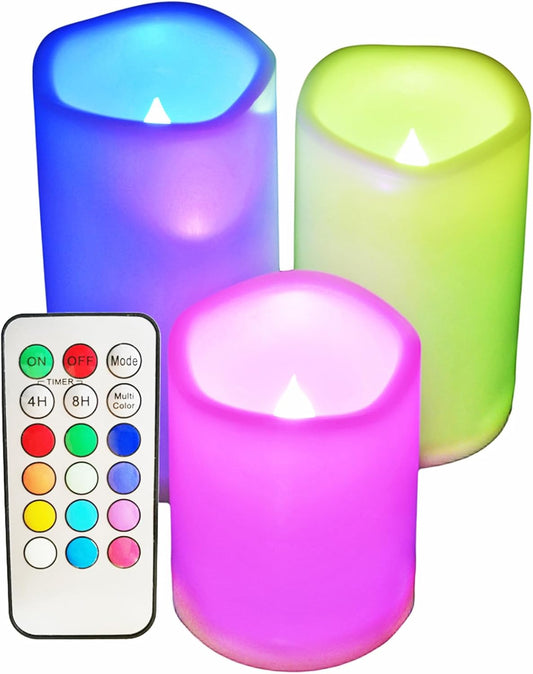 SWEETIME 3 Color Changing Led Pillar Candles with Controller and Timer - 3x4 3x5 3x6 Multi Colored Flickering Outdoor Waterproof Flameless Candles Battery Operated,Weatherproof Candles.