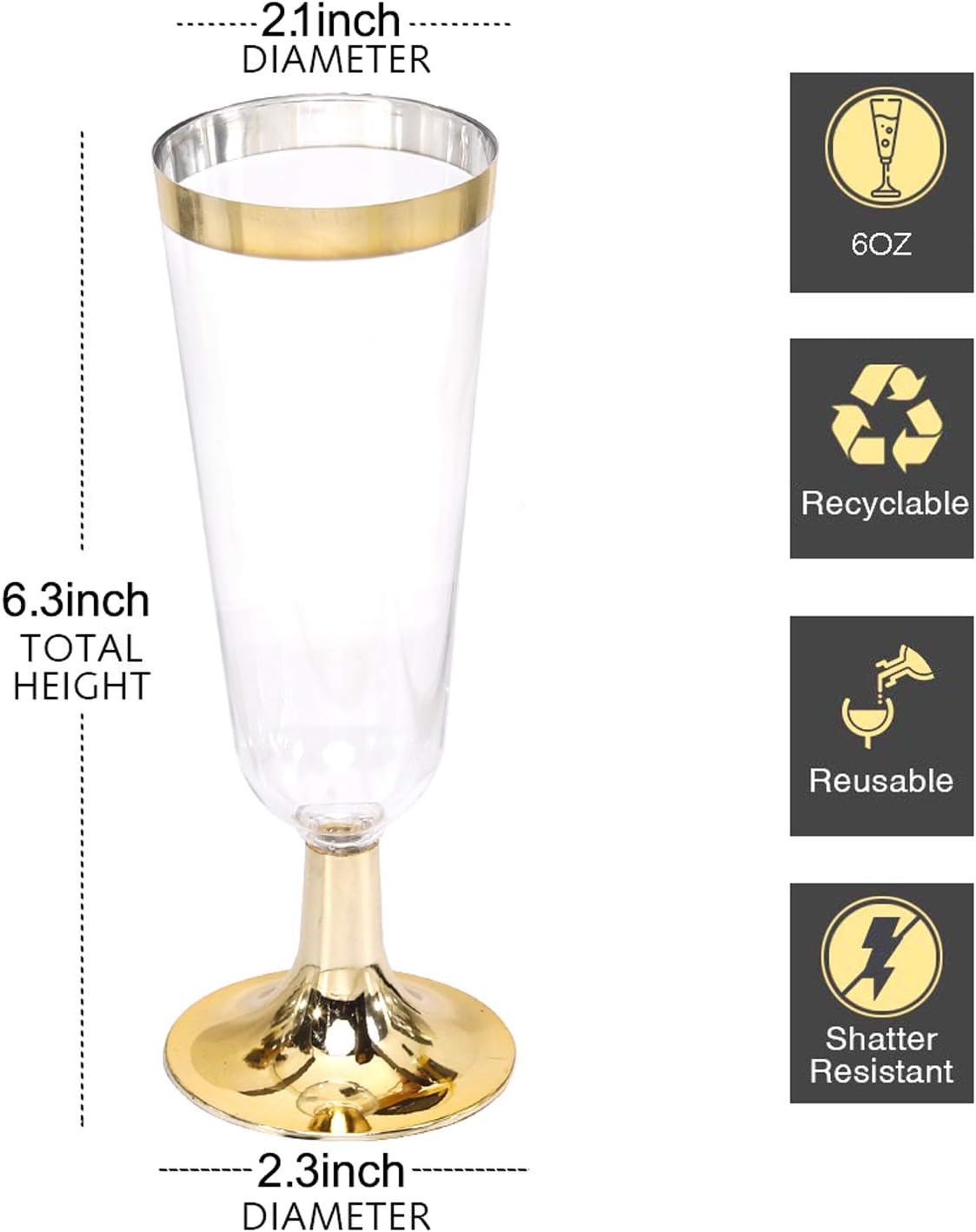 I00000 Gold Champagne Flutes 50 PACK, 5 Oz Disposable Champagne Glasses, 2-Piece Plastic Toasting Glasses for Celebration, Wedding or Parties