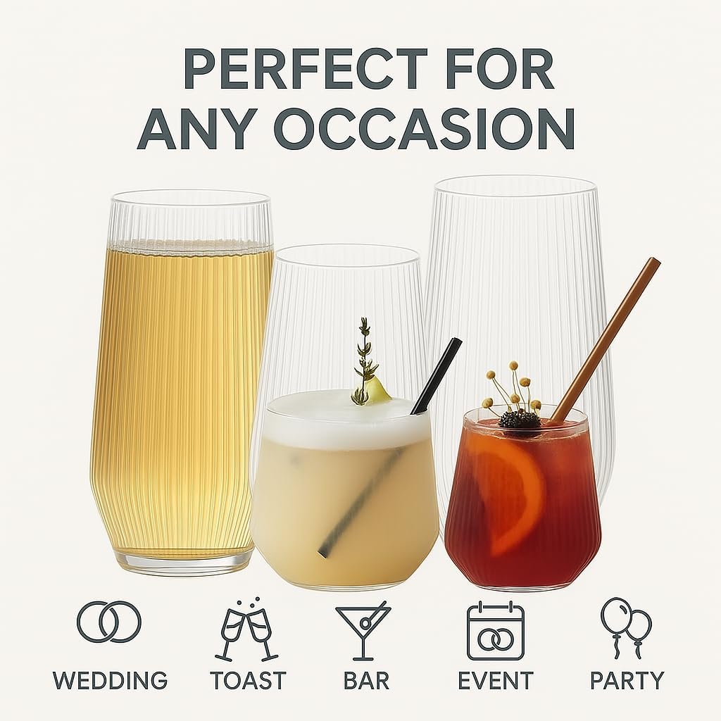 48 Pack Ribbed Origami Ripple Plastic Glasses, 24 9 Ounce Stemless Champagne Flutes & 24 12 Ounce Cups, BPA-Free Disposable Shatterproof Toasting Glasses for Weddings, Bars, and Events (Clear)