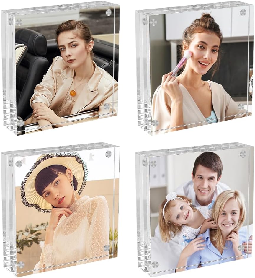 3x3 Acrylic Picture Frames 4 Pack, Square Clear Photo Frame Business Card Frame Magnetic Picture Frames Desktop Display Double Sided Wallet Size Acrylic Freestand Frames