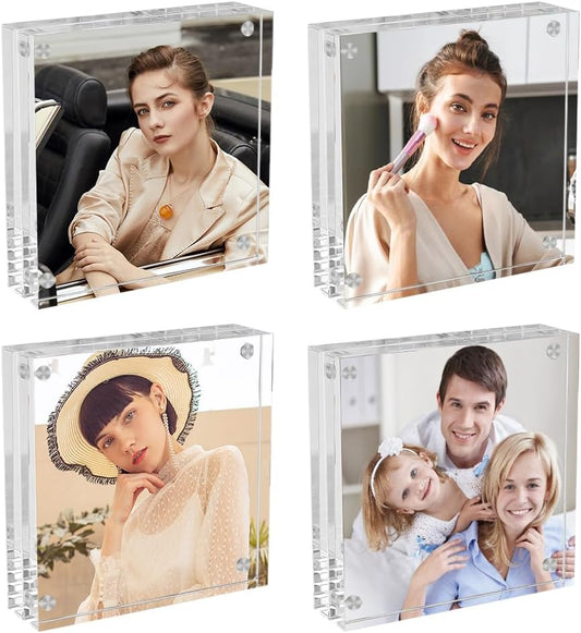 3x3 Acrylic Picture Frames 4 Pack, Square Clear Photo Frame Business Card Frame Magnetic Picture Frames Desktop Display Double Sided Wallet Size Acrylic Freestand Frames