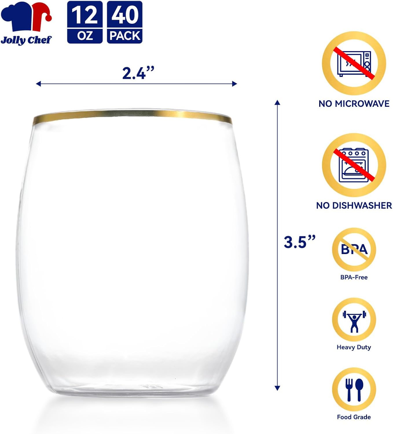 JOLLY CHEF 12 oz 40 Pack Gold Plastic Wine Glasses Stemless, Shatterproof, Unbreakable, Crystal, Disposable Plastic Wine Cups for Party, Halloween, Christmas