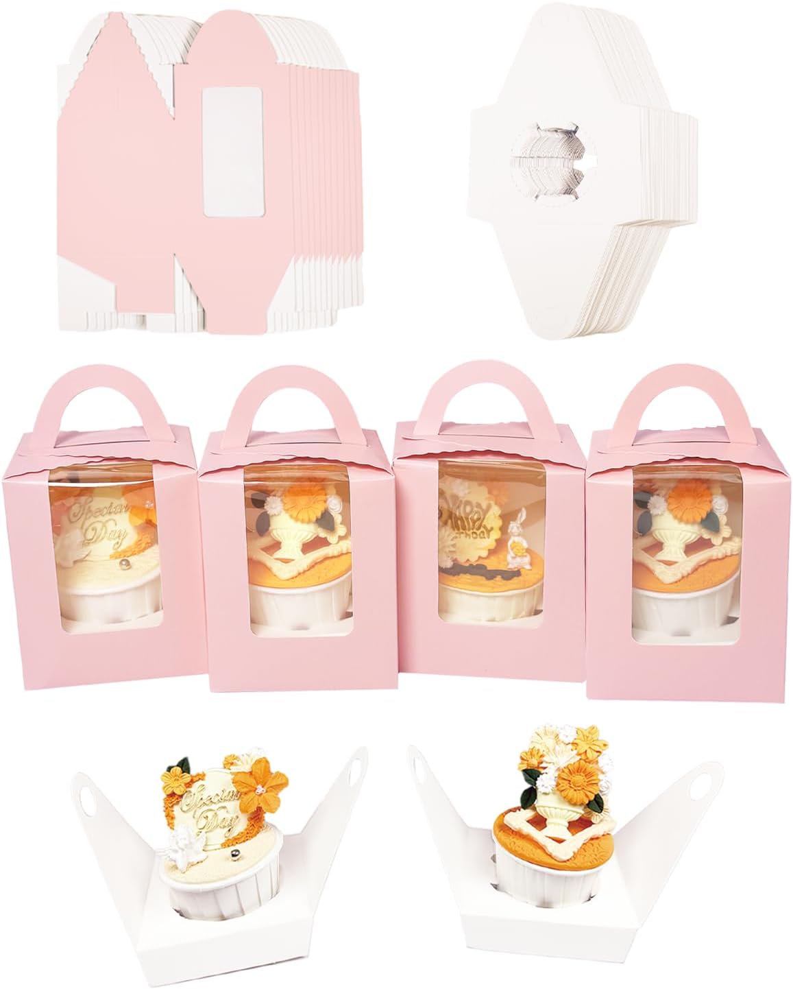 Bakepacker Auto-pop up Individual Cupcake Boxes with Window 60 Count Pink Single Cupcakes Box 3.6 x 3.6 x 4.3inch Cupcake Carrier